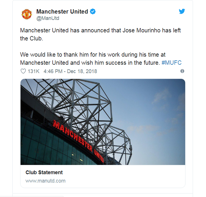 Resmi, Manchester United Pecat Jose Mourinho